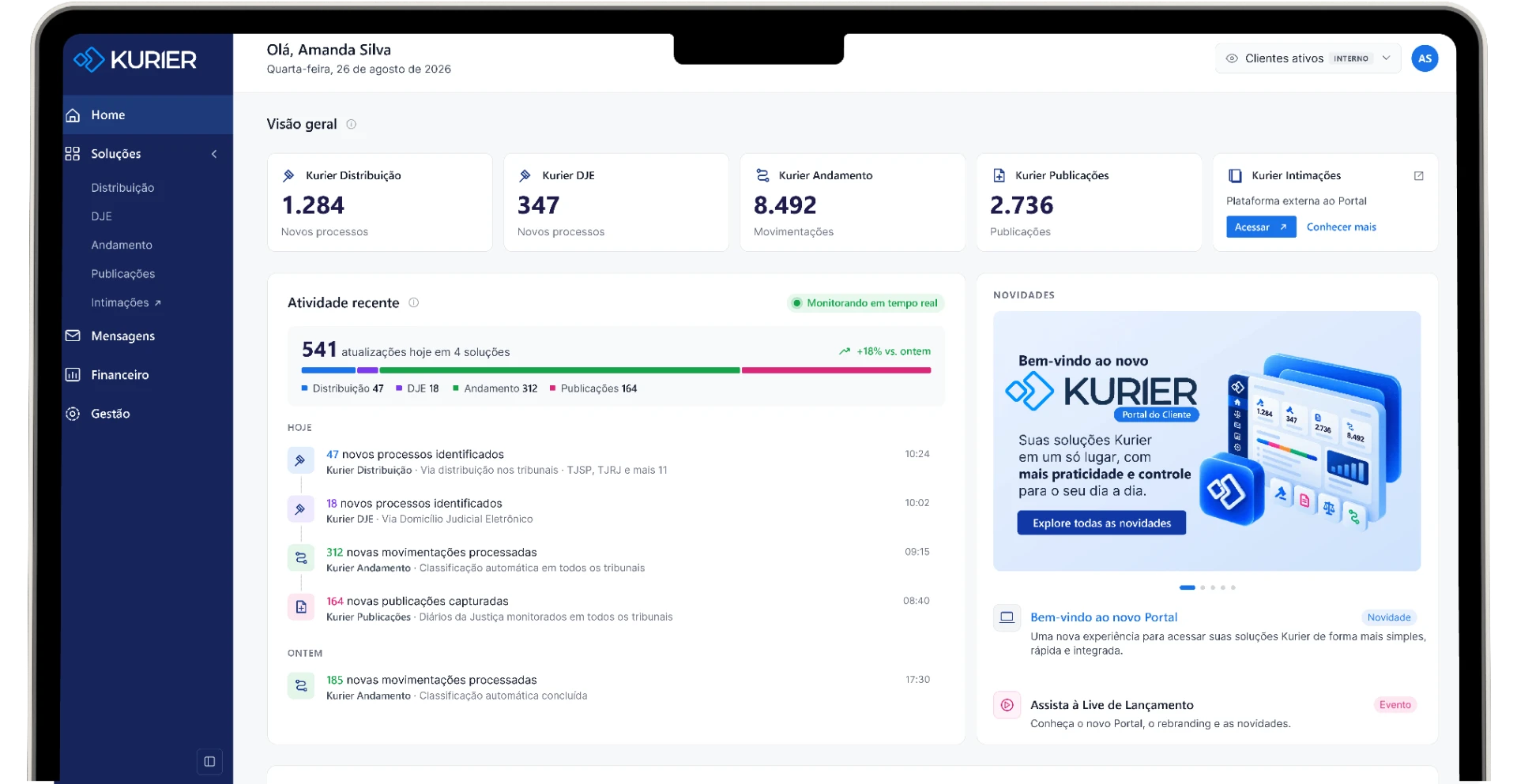 Tela inicial do Portal do Cliente Kurier